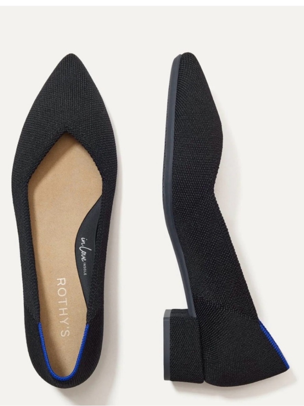 Rothy's Black Knit Pointed Toe Low Block Heel Flats with Blue Trim